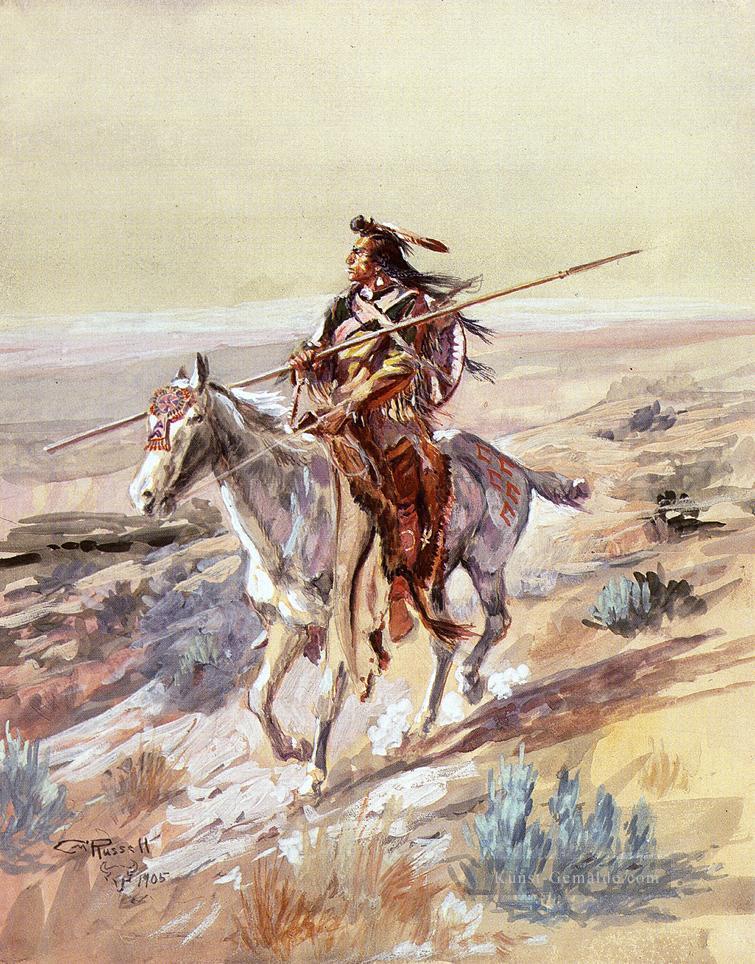 Indianer mit Speer Indianer Westlichen Amerikanischer Charles Marion Russell Ölgemälde